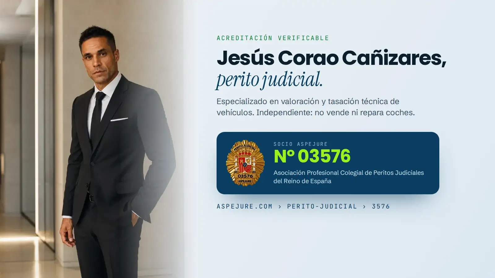 Credencial de Jesús Corao Cañizares, perito judicial ASPEJURE número 03576