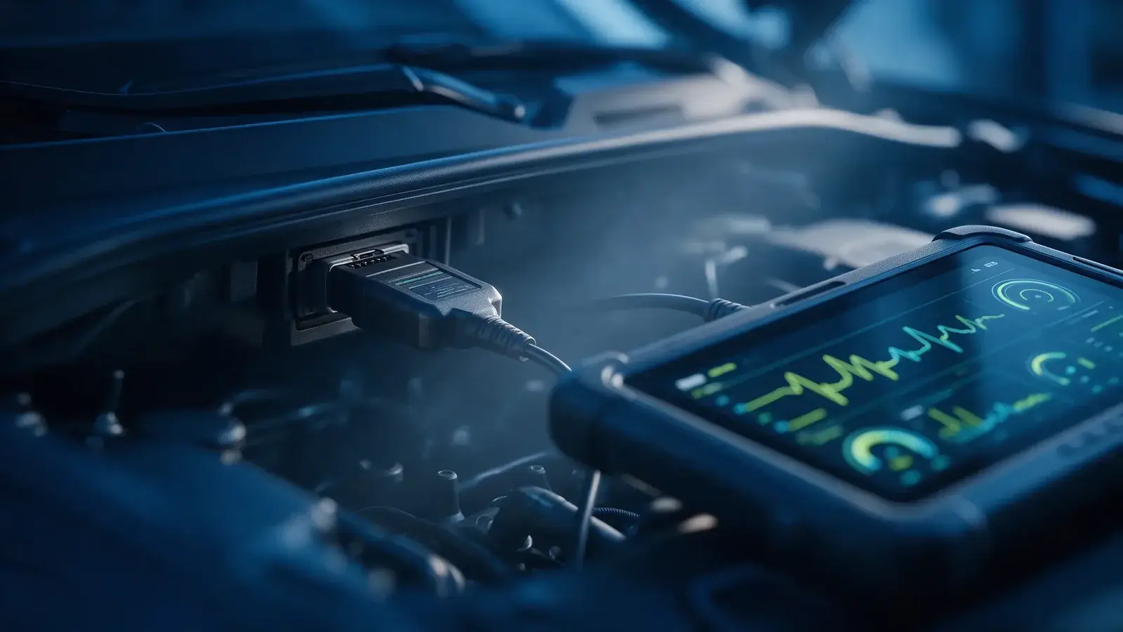 Equipo de diagnosis electrónica conectado a la toma OBD del coche