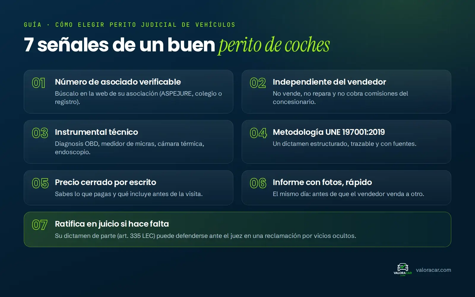 Infografía con las 7 señales de un buen perito judicial de vehículos