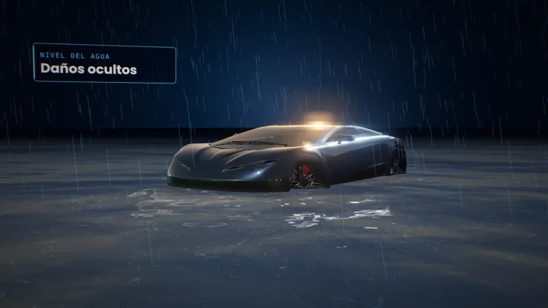 Coche en 3D medio sumergido en agua bajo la lluvia mientras un anillo de escaneo lo analiza
