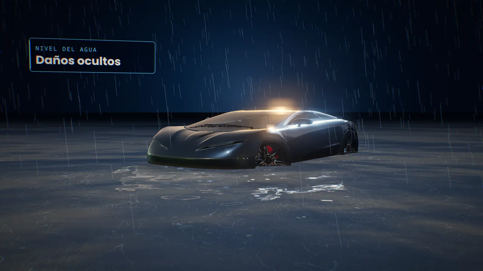 Coche en 3D medio sumergido en agua bajo la lluvia mientras un anillo de escaneo lo analiza