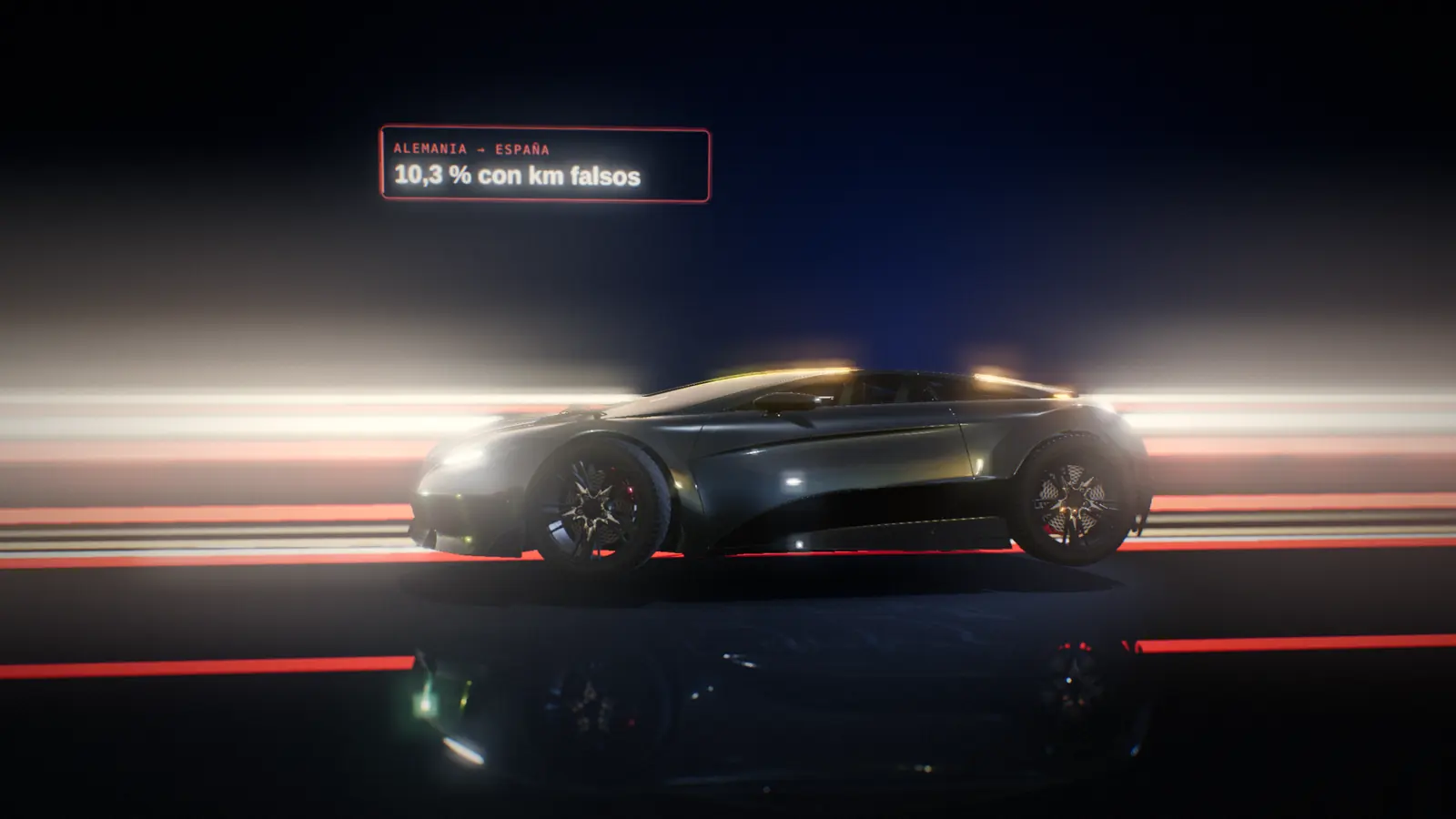 Carretera luminosa en 3D que llega desde lejos hasta un coche familiar en primer plano