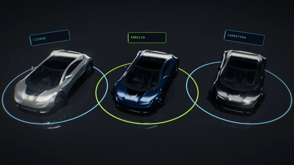 Tres coches en 3D sobre plataformas: urbano, SUV familiar y furgoneta