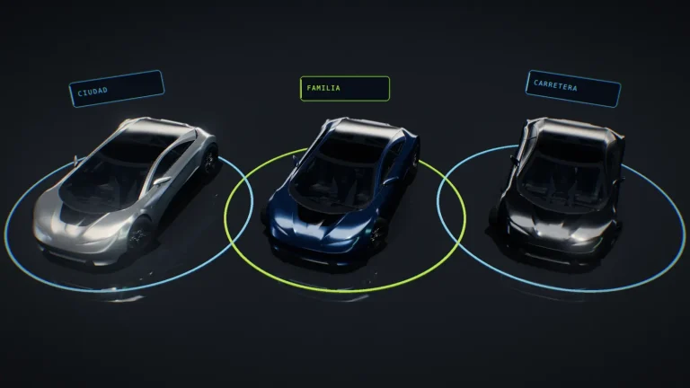 Tres coches en 3D sobre plataformas: urbano, SUV familiar y furgoneta