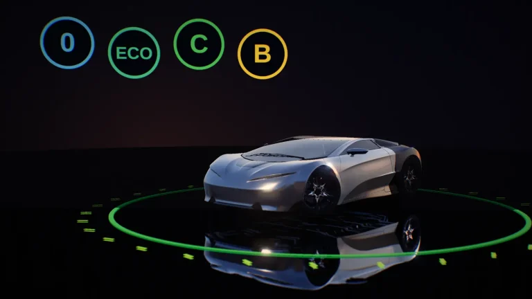 Ciudad en bloques 3D con una cúpula verde de zona de bajas emisiones y las etiquetas 0, ECO, C y B